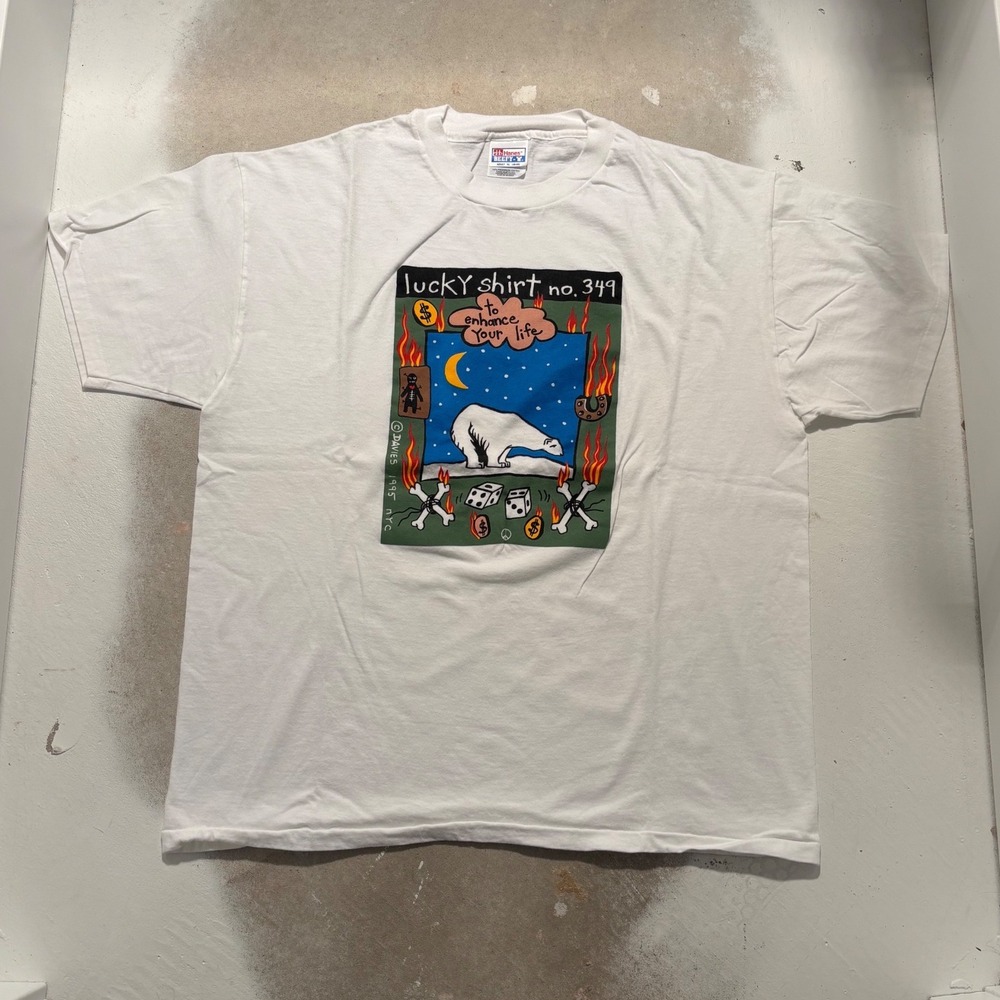 Vintage 1995 Davies NYC Lucky Shirt No 349 Hanes Beefy T-Shirt White XL